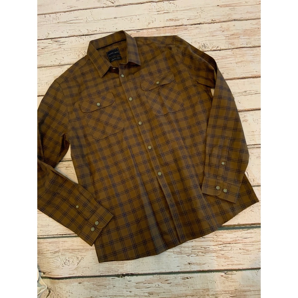 Stitch Note Mens Egyptian Cotton Plaid Button Down Shirt Brown Blue Large L